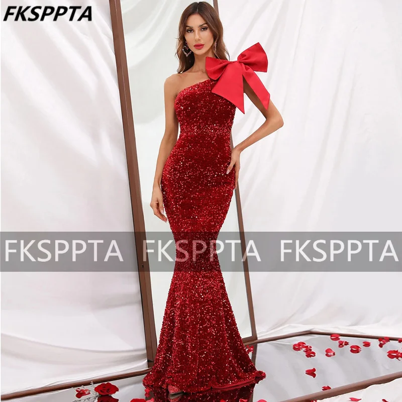 Новое красное Длинное вечернее платье с бантом на одно плечо, Русалка, Блестящие пайетки, Платья для Дня рождения, выпускного вечера, Robe De Soiree Изображение 0