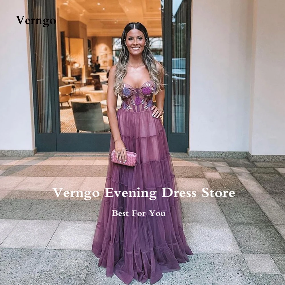 Длинные выпускные платья из темно-фиолетового тюля Verngo, Многоуровневые арабские женские вечерние платья в стиле Эмбри в форме сердца, вечернее платье для вечеринки Изображение 0