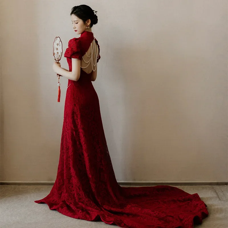 Бордовое длинное вечернее платье для свадьбы, элегантное платье с открытой спиной, китайский модифицированный костюм для поджаривания Чонсам, вечерние платья, женские вечерние платья Изображение 1