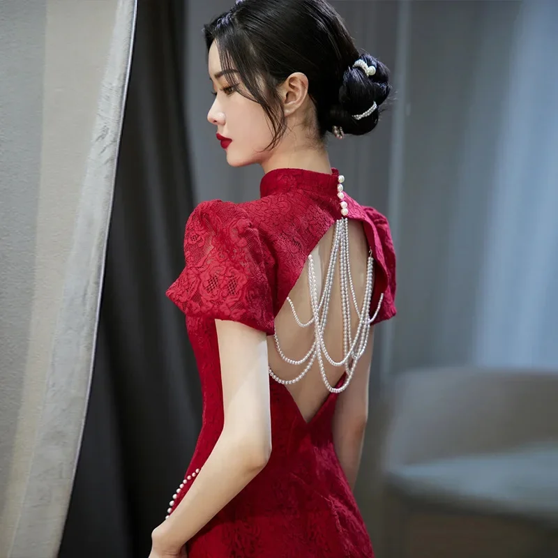 Бордовое длинное вечернее платье для свадьбы, элегантное платье с открытой спиной, китайский модифицированный костюм для поджаривания Чонсам, вечерние платья, женские вечерние платья Изображение 2