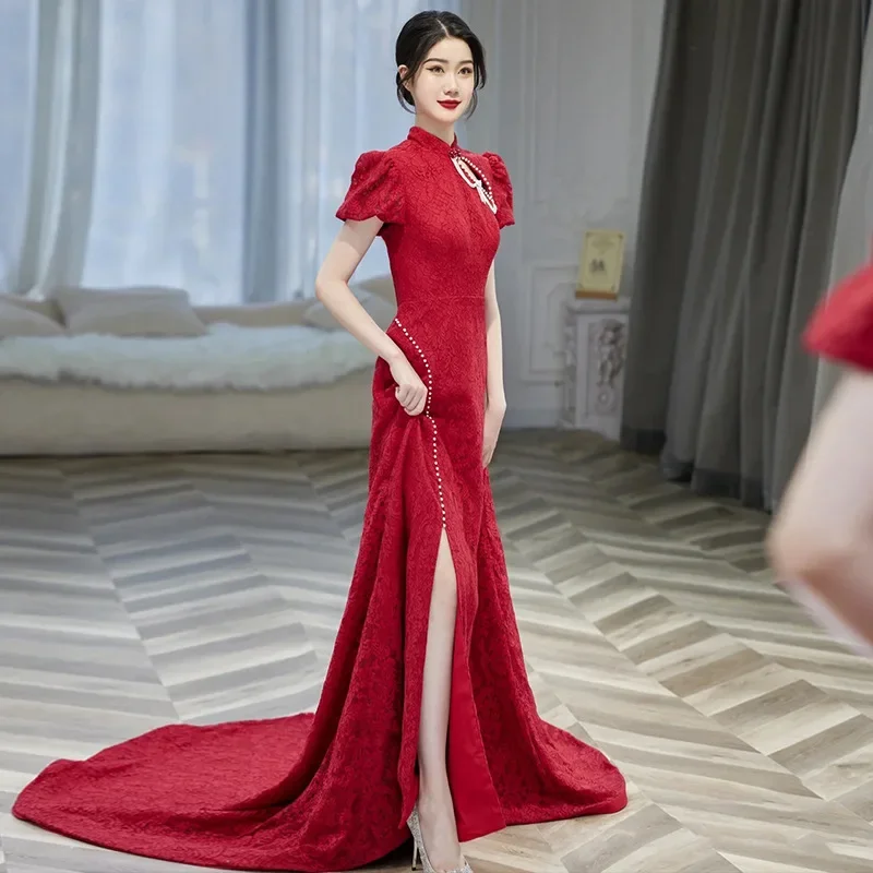 Бордовое длинное вечернее платье для свадьбы, элегантное платье с открытой спиной, китайский модифицированный костюм для поджаривания Чонсам, вечерние платья, женские вечерние платья Изображение 3