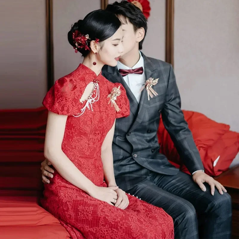 Бордовое длинное вечернее платье для свадьбы, элегантное платье с открытой спиной, китайский модифицированный костюм для поджаривания Чонсам, вечерние платья, женские вечерние платья Изображение 5