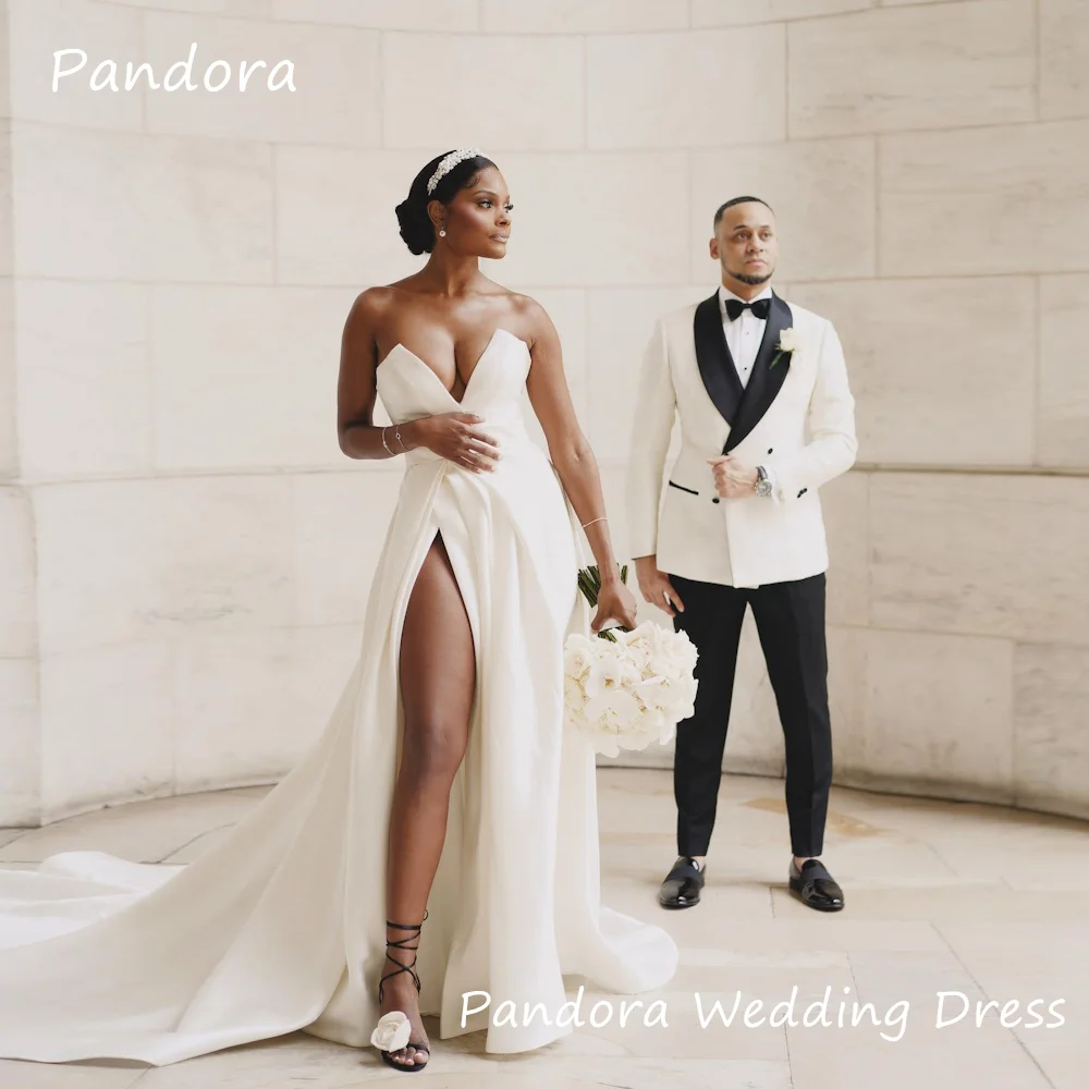 Pandora Атласные платья невесты А-силуэта с V-образным вырезом и рюшами цвета слоновой кости Длиной до пола, Элегантные вечерние свадебные платья для женщин 2024 Изображение 0