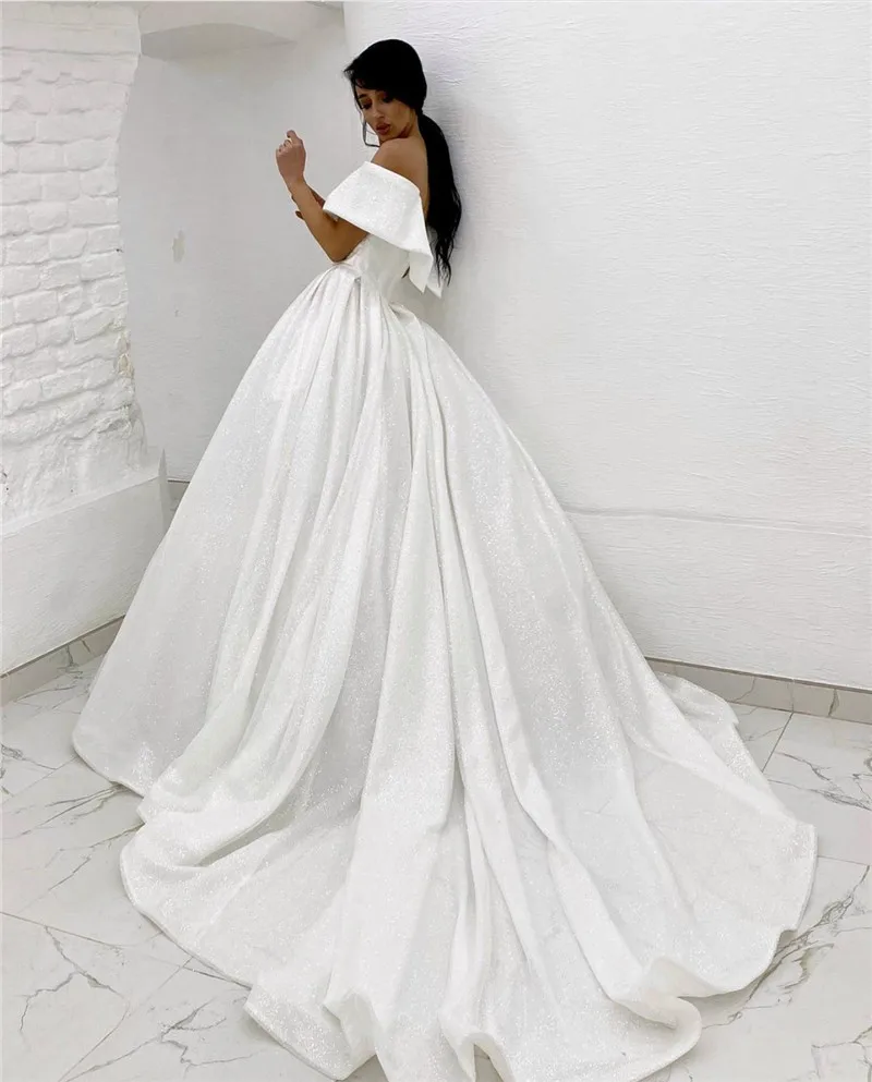 Сексуальные свадебные платья трапециевидной формы с Vобразным вырезом, блестящие, с открытыми плечами, рукава со шлейфом, женские платья невесты из Дубая на заказ, vestidos de novia Изображение 3