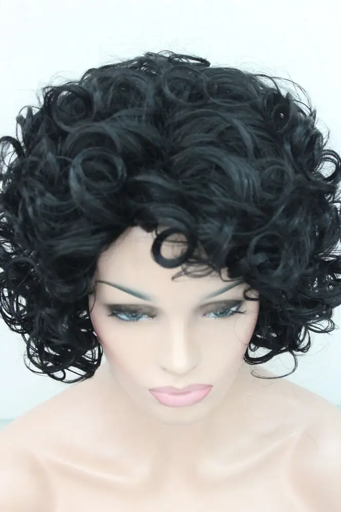 Новые женские парики для косплея, черные вьющиеся короткие парики, синтетические волосы, полный парик Изображение 4