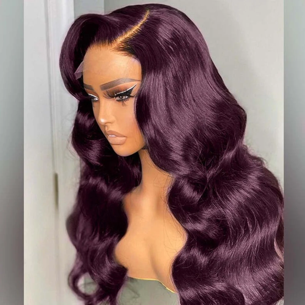 Темно-бордовый парик с кружевом спереди, синтетический Темно-фиолетовый однотонный парик с объемной волной спереди для чернокожих женщин, предварительно выщипанный из детских волос. Изображение 0