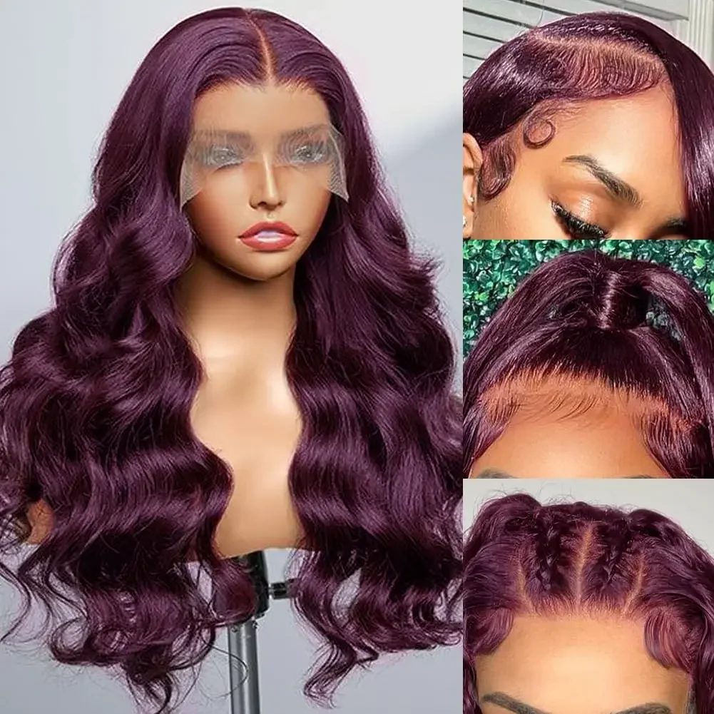 Темно-бордовый парик с кружевом спереди, синтетический Темно-фиолетовый однотонный парик с объемной волной спереди для чернокожих женщин, предварительно выщипанный из детских волос. Изображение 1