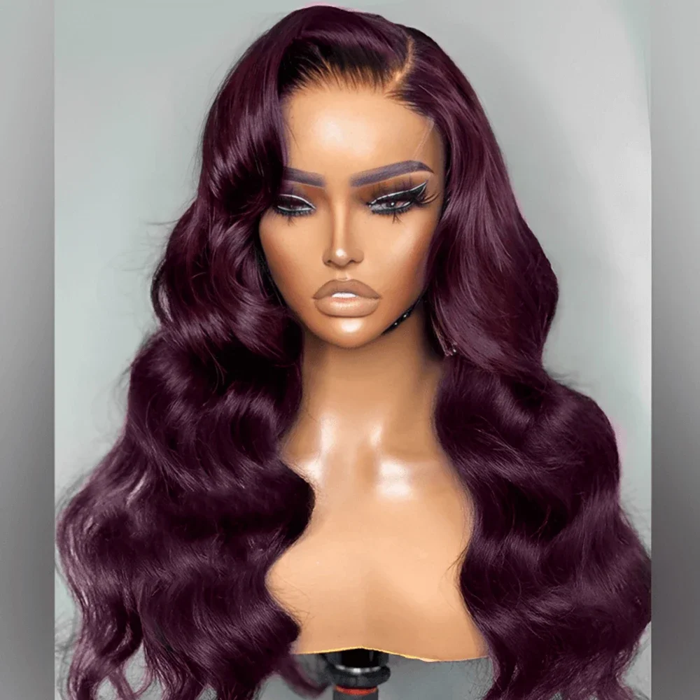Темно-бордовый парик с кружевом спереди, синтетический Темно-фиолетовый однотонный парик с объемной волной спереди для чернокожих женщин, предварительно выщипанный из детских волос. Изображение 2