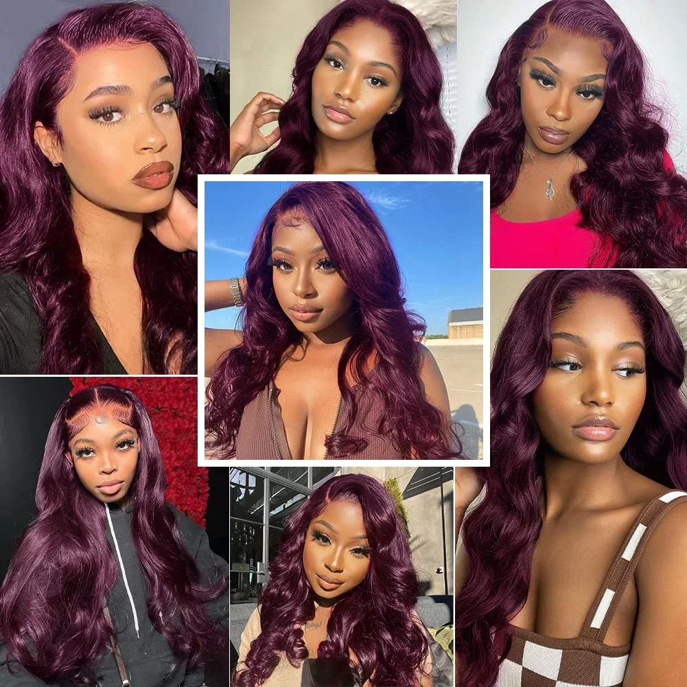 Темно-бордовый парик с кружевом спереди, синтетический Темно-фиолетовый однотонный парик с объемной волной спереди для чернокожих женщин, предварительно выщипанный из детских волос. Изображение 4