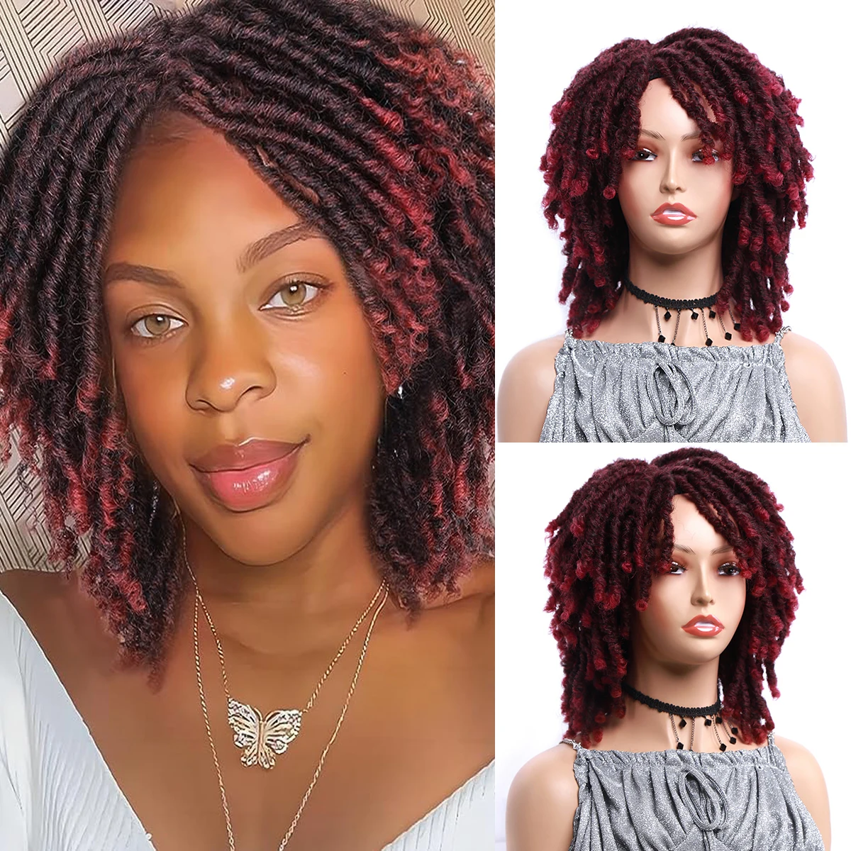 Синтетический парик Парик с дредами 8 дюймов Короткие парики без узлов для чернокожих женщин Синтетический Черный Коричневый Красный Короткий парик Изображение 0