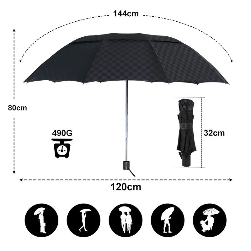 Зонт, Двухслойный зонт с темной сеткой, Дождь, Женщины, мужчины, 3 Складывающиеся 10-килограммовые Ветрозащитные деловые зонты, Мужской зонтик для семейных путешествий Изображение 2