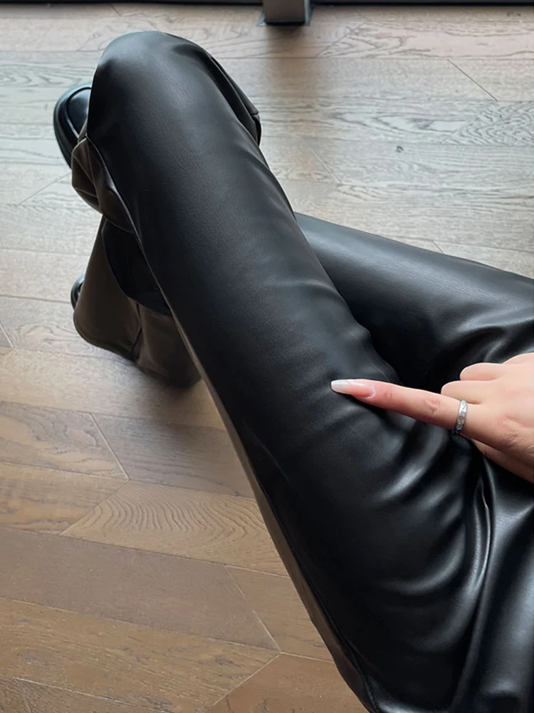 Женские брюки-клеш из искусственной кожи, длинные брюки из искусственной кожи, эластичные повседневные брюки из искусственной кожи полной длины с высокой талией Изображение 4
