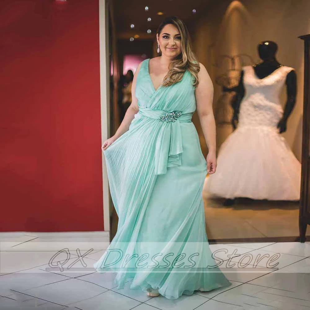 Мятно-зеленое свадебное платье для гостей больших размеров для женщин, V-образный вырез, складки, бисероплетение, шифон трапециевидной формы, мать невесты, индивидуальный цвет Изображение 1